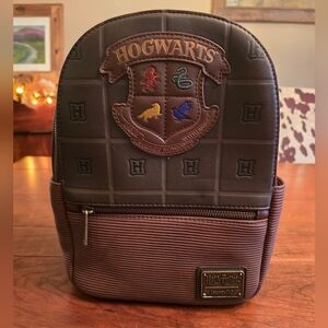 Loungefly Harry Potter Hogwarts Backpack, Brown w Multicolor Hogwarts Logo NWT